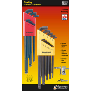 Bondhus 20599 Balldriver Set Stubby L-Wrench Std & Metric 22 Pc